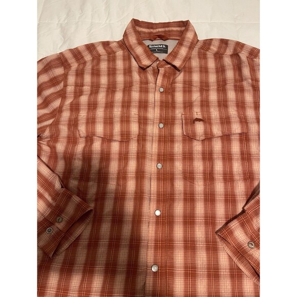 Simms Men’s Longsleeve Snap Button Shirt Outdoor Mesh Fishing Orange Plaid L - Picture 3 of 9